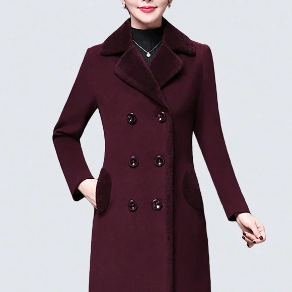 Purple Casual Women's Stylish Double-Breasted Notched Lapel Midi Pea Coat - Picture 3 of 6